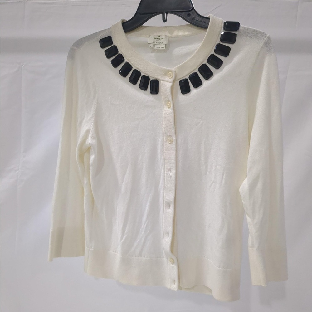 kate spade White Cardigan with Black Beaded Accents - Picture 1 of 4